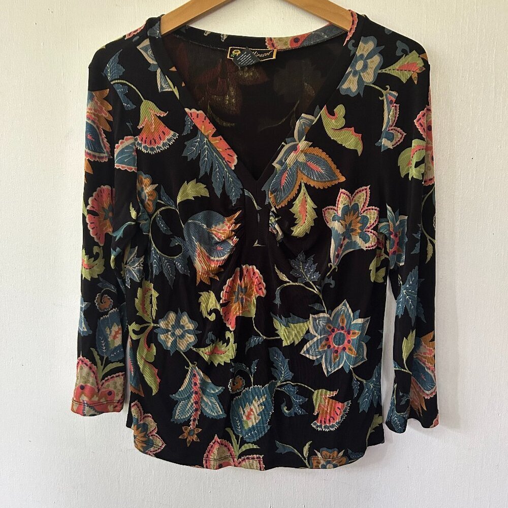 Mirasol Slinky Knit Blouse Womens Medium Black Floral V-neck Fairy Grunge